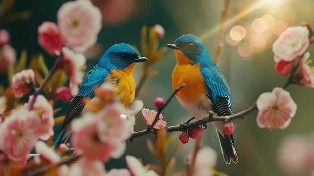 two little birds relaxing on a branch full of flowers. seamless looping time-lapse virtual 4k video Animation Background.