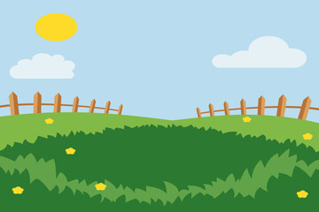 Landscape cartoon scene with green hills with flowers and a lawn with a fence and clouds on the background of summer blue sky. Flat
