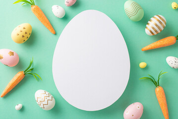 Easter creativity theme: Overhead shot showcasing vibrant eggs, and sweet carrots for the Easter Bunny on a turquoise backdrop, featuring a blank egg-shaped space for messages or ads