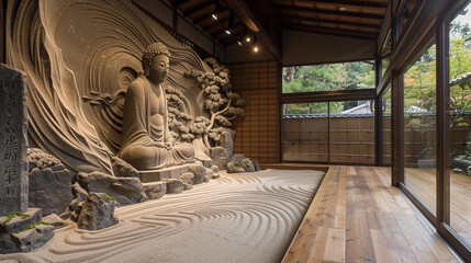 Sand murals of Japanese kami in mystical gardens capturing the essence and tranquility of Shinto spirits among meticulously crafted sand landscapes of serene gardens and flowing streams
