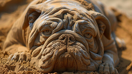 Sand sculptures of bulldog towering and fearsome capturing the king of dog in its prime each grain detailing its fearsome jaws and powerful stance