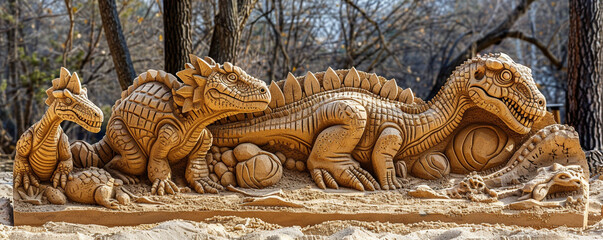 Thematic sand sculptures of dinosaur life cycles from egg to adulthood showcasing the growth challenges and everyday existence of these ancient beings providing insight into their lives beyond