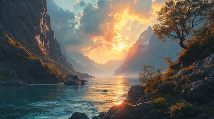 Generative AI Rugged fjord cliffs, drone's aerial view, painted sky, tranquil waters, hyper-realistic sunset over Norwegian fjords - obrazy, fototapety, plakaty