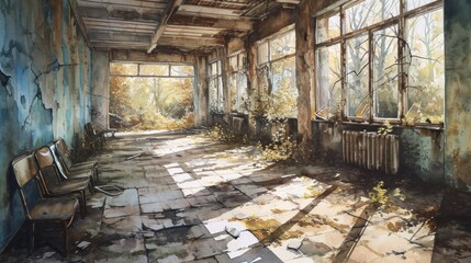 Generative AI Ruins of Pripyat near Chernobyl, overgrown amusement park, ghostly atmosphere, desolation, atmospheric watercolor depiction