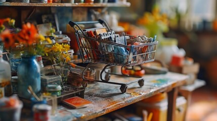 Generative AI School supply shopping spree, miniature carts filled with stationery, feminine sticker art details, atmospheric watercolors in white and bronze, grocery art-inspired school scene