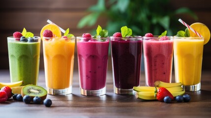 Fototapeta premium Smoothies in glasses of various fruits and berries on the table. A refreshing refreshing drink, a delicious snack and breakfast. A healthy organic drink. Proper nutrition and diet.