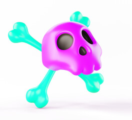 Purple skull with green toxic crossbones 3d render icon. Cartoon color symbol of death, warning sign of chemical danger, attention. Emblem of dead head for game ui design or halloween. 3D illustration