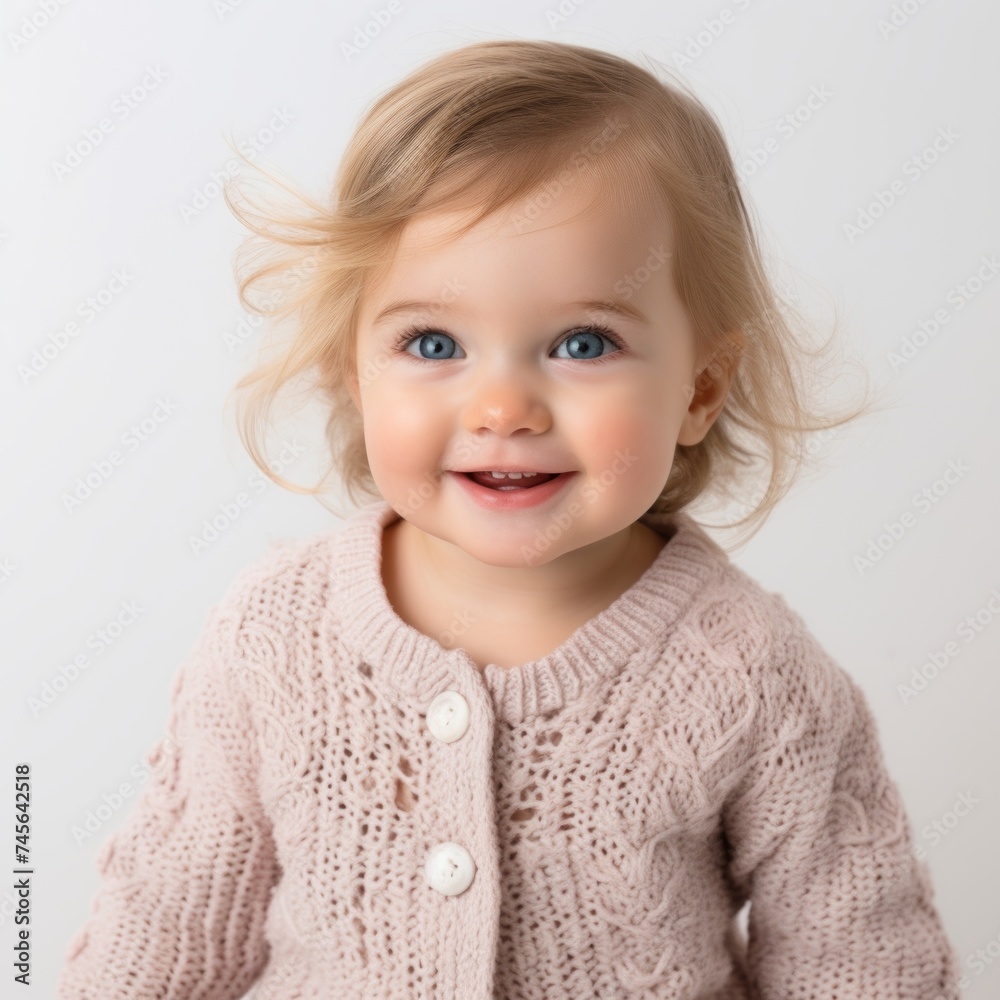 Aufkleber stock image of a baby girl in a knitted cardigan on a white backdrop generative ai