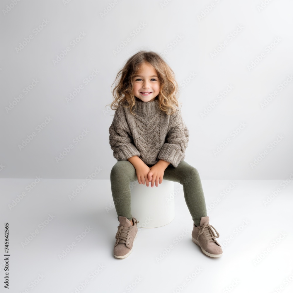 Poster Stock image of a child in a cozy sweater and leggings on a plain white background Generative AI