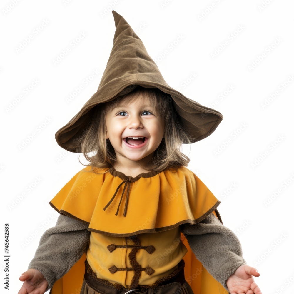 Poster Stock image of a child in a themed costume on a plain white background Generative AI