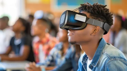 Deurstickers College students in class are wearing virtual reality glasses and using VR headsets, illustrating the concept of future technology and virtual reality © Matthew