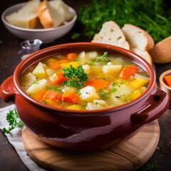 Stock image of a bowl of homemade vegetable soup with fresh ingredients, nutritious and comforting meal Generative AI