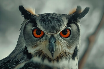 Close-up of an owl with intense, orange eyes and a stern expression - Powered by Adobe