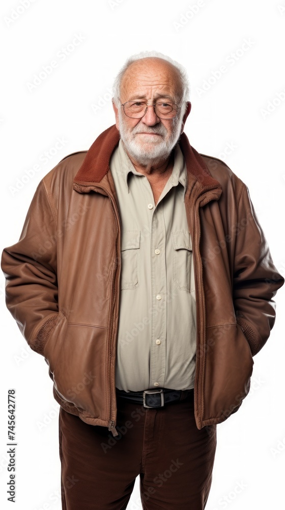 Aufkleber stock image of a grandpa in a relaxed outfit on a white backdrop generative ai