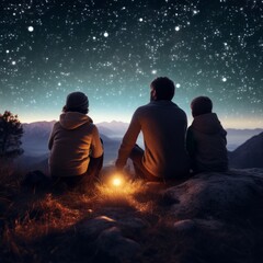 Stock image of a family stargazing together at night, wonder and amazement Generative AI - obrazy, fototapety, plakaty