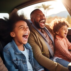 Stock image of a family taking a road trip, laughing and singing in the car Generative AI