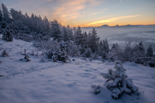 Beautiful winter scenery showing winter sunrise in the Pieniny mountains in Poland