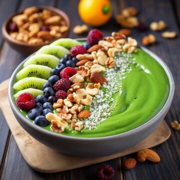 Stock image of a green smoothie bowl topped with various fruits and nuts, nutritious and delicious Generative AI