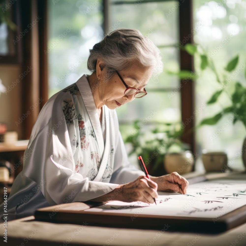 Poster stock image of a senior woman practicing calligraphy, artistic and precise writing generative ai