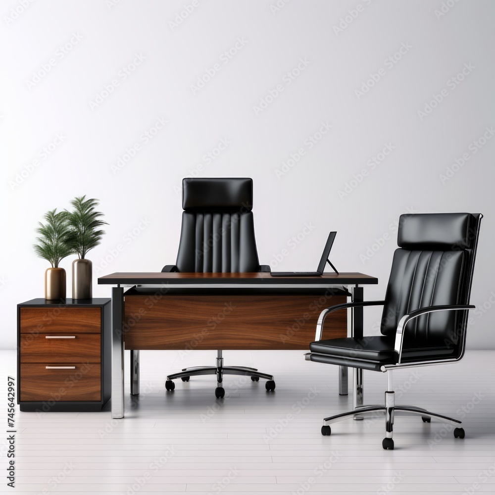 Poster stock image of a sleek executive desk on a white background, spacious, professional workspace genera