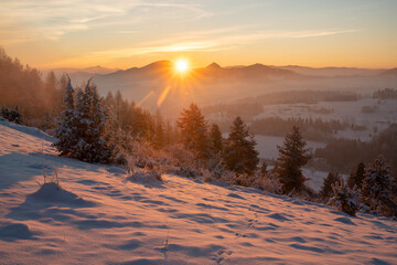 Beautiful winter scenery showing winter sunrise in the Pieniny mountains in Poland - 745642916