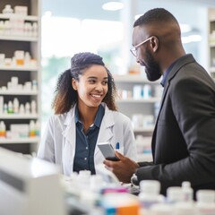 Stock image of a pharmacist assisting a customer with medication, professional and helpful service Generative AI - obrazy, fototapety, plakaty