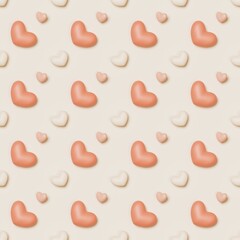 3d seamless pattern of hearts with different sizes and colors isolated on white background