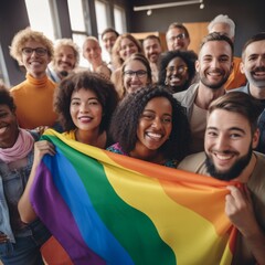 Stock image of a pride flag with diverse people in the background, promoting unity and acceptance Generative AI - obrazy, fototapety, plakaty