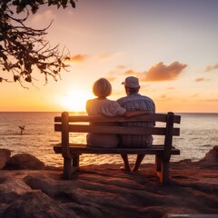 Obraz premium Stock image of a senior couple enjoying a sunset together, peaceful and romantic Generative AI