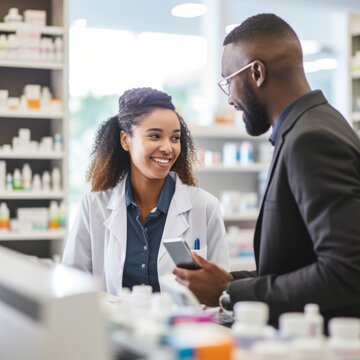 Stock image of a pharmacist assisting a customer with medication, professional and helpful service Generative AI