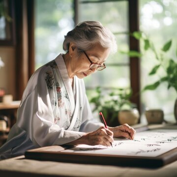 Stock image of a senior woman practicing calligraphy, artistic and precise writing Generative AI