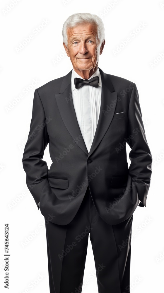 Poster stock image of an elderly man in a formal outfit on a white backdrop generative ai