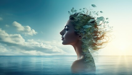 profile of woman on sea and land landscape