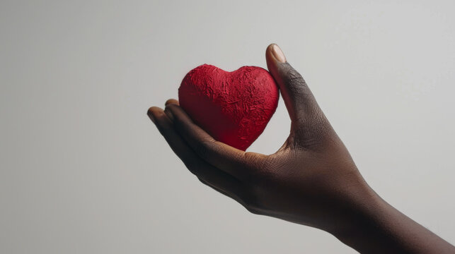 close-up photograph of a hand with dark skin holding a red, textured heart against a light background
