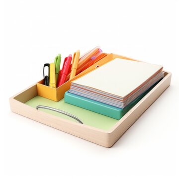 Stock image of an office desk tray on a white background, organized, storage for papers and files Generative AI