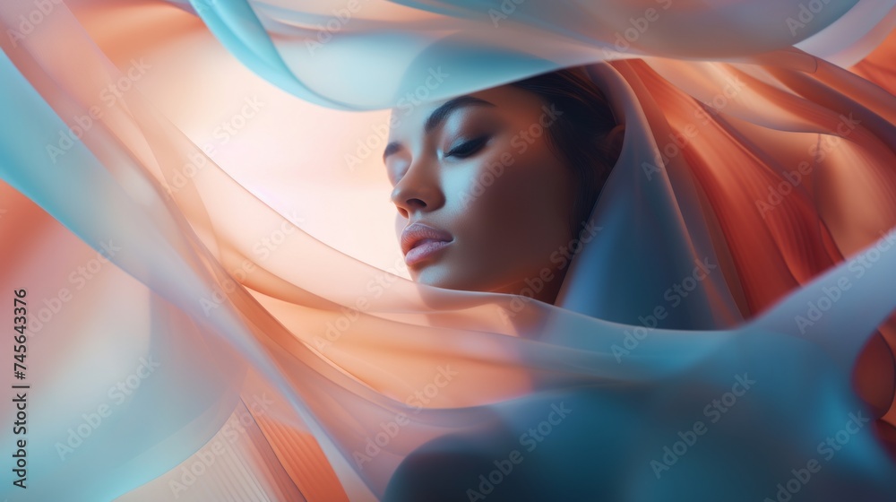 Poster Generative AI Subtle gradients merging softly, forming an abstract and serene visual. around a woman
