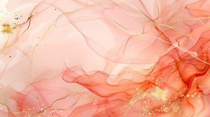 Swirling waves of golden and rose gold hues adorn an abstract peach and gold marble texture luxury background banner, accentuated with painted splashes.
