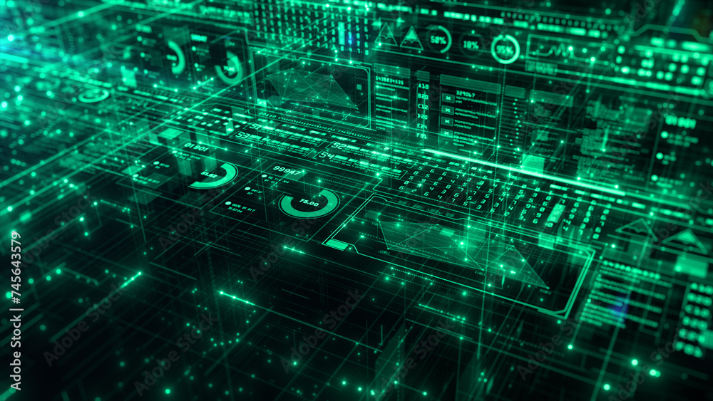 Aufkleber Abstract digital interface with glowing green data analytics and futuristic technology concept, representing high-tech computing and information analysis. 3d rending