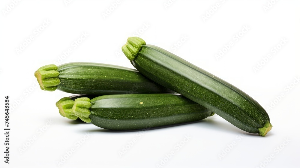 Poster three fresh, green zucchinis captured in a close-up realistic photo against a white background gener