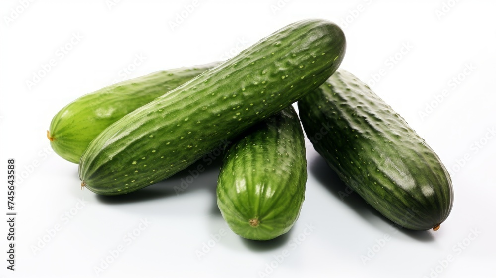 Poster Three fresh cucumbers captured in a close-up realistic photo against a white background Generative AI