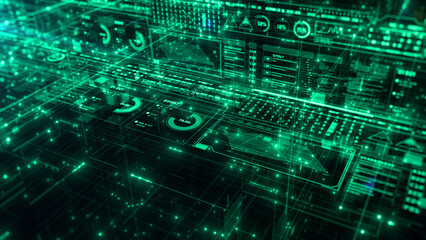 Abstract digital interface with glowing green data analytics and futuristic technology concept, representing high-tech computing and information analysis. 3d rending