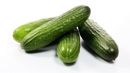 Three fresh cucumbers captured in a close-up realistic photo against a white background Generative AI