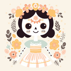 Young cute girl celebrates Dia de los Muertos. Day of the dead. Mexican holiday festival. Vector graphics in pastel colors. with flowers and floral elements. Childish illustration