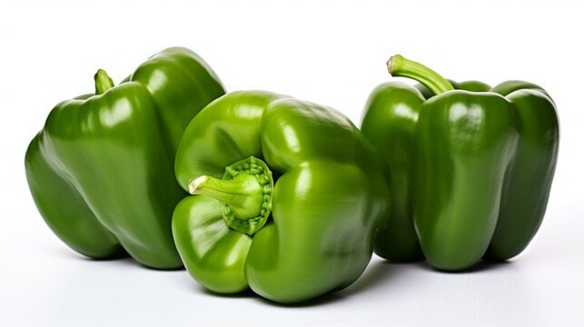 Three green bell peppers captured in a close-up realistic photo against a white background Generative AI