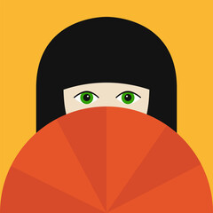 Portrait of brunette woman with bangs. Red paper hand fan. Avatar people icon for social networks. Cartoon character. Beautiful girl face, red lips. Female head. Flat design. Yellow background.