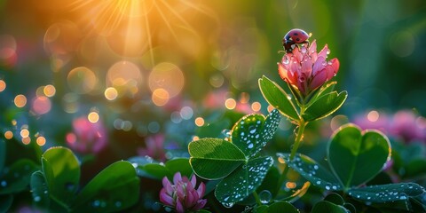 In spring, pink ladybug clover flowers bloom in the bright garden under the summer sun.