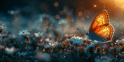 In a quiet flower meadow, a butterfly rests on a white flower.