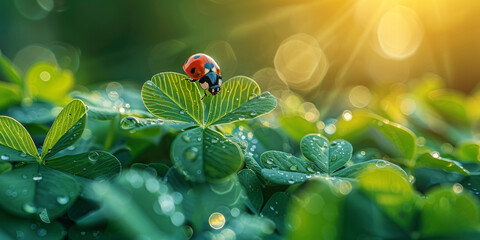 In a summer garden, a ladybug explores a green leaf after the rain.