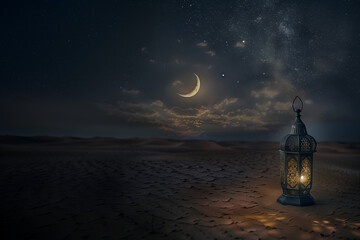 fête musulmane, islamique, Ramadan, Carême, motifs mauresques et arabes, lanterne et croissant de lune dans un ciel de nuit sombre avec espace négatif pour texte copyspace - obrazy, fototapety, plakaty