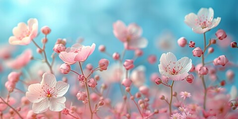 In spring, pink flowers adorn the trees against the blue sky, radiating delicate beauty.